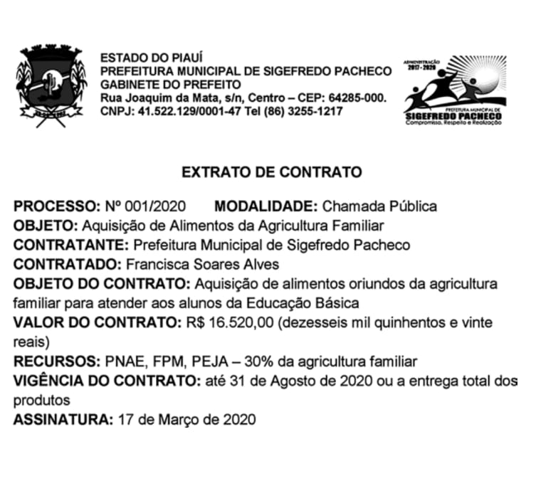 Contrato da prefeitura de Sigefredo Pacheco chama atenção e deixa população confusa
