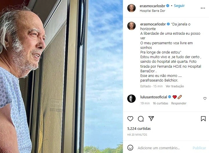 Cantor Erasmo Carlos tem alta do hospital e diz nas redes sociais que está “muito vivo”