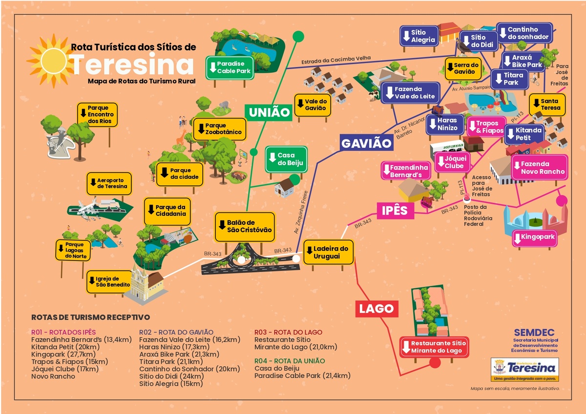 Mapa da Rota dos sítios - Destinos terísticos no interior de Teresina