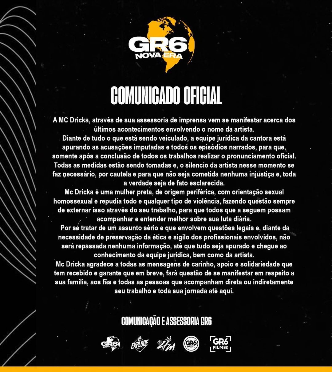 Nota publicada nas redes socias da funkeira