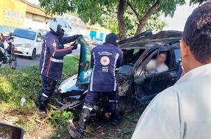 O veículo saiu da pista e colidiu com um poste, em seguida invadiu o canteiro de separação da pista principal e lateral (Foto: Reprodução)