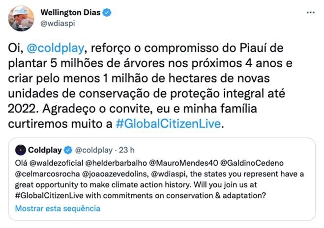 Wellington Dias responde a Coldplay sobre plantio de árvores