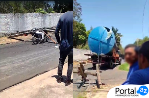 Poste cai sobre motociclista (Foto: Edição do Portal AZ/Reprodução)