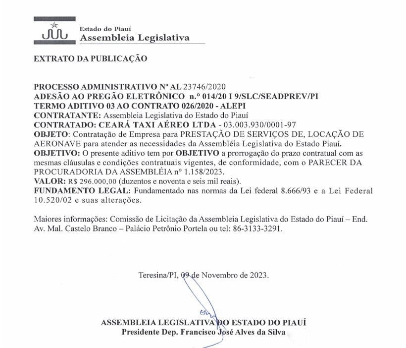 Nesse extrato o aditivo a contrato vigente desde 2020, é de R$ 296 mil para atender as “necessidades da Assembléia”