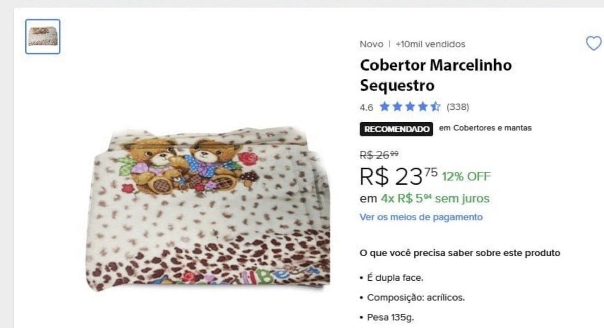 Já está no Mercado Livre o cobertor usado como pano de fundo no vídeo de Marcelinho Carioca. Preço bom