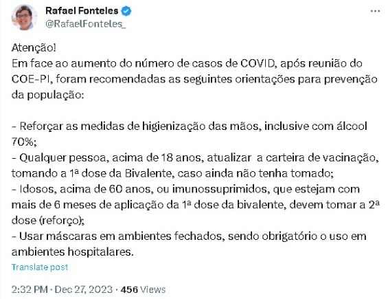 Postagem do Governador Rafael Fonteles