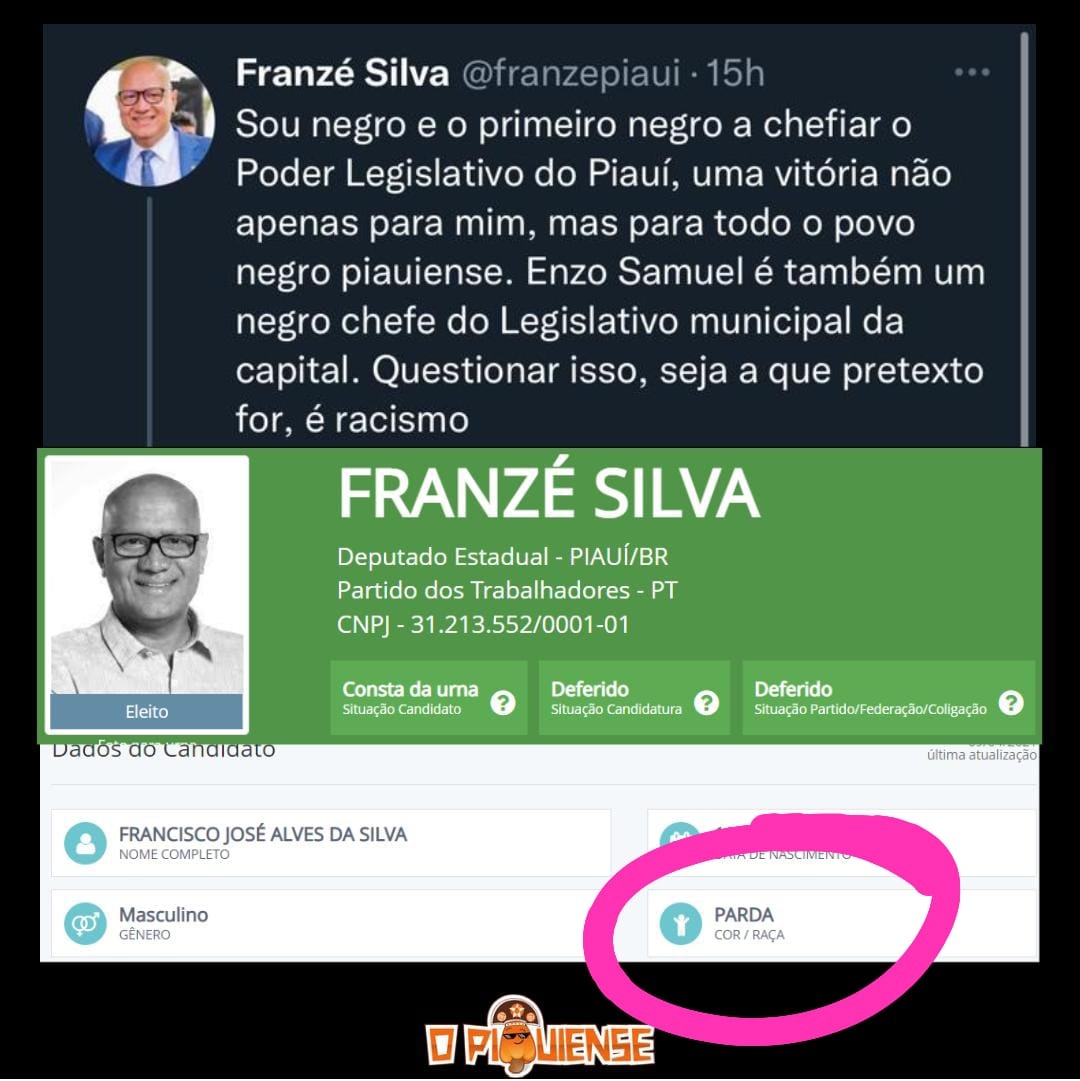 A página do O Piauiense mostra as duas fases da vida do presidente da assembleia legislativa: a página do TRE, dizendo que Franzé é de cor parda e a postagem dele mesmo se dizendo negro.