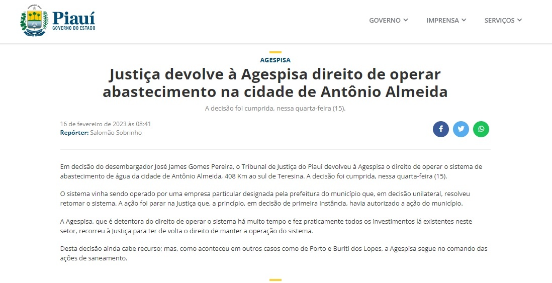 Matéria publicada pelo site oficial do Governo do Piauí