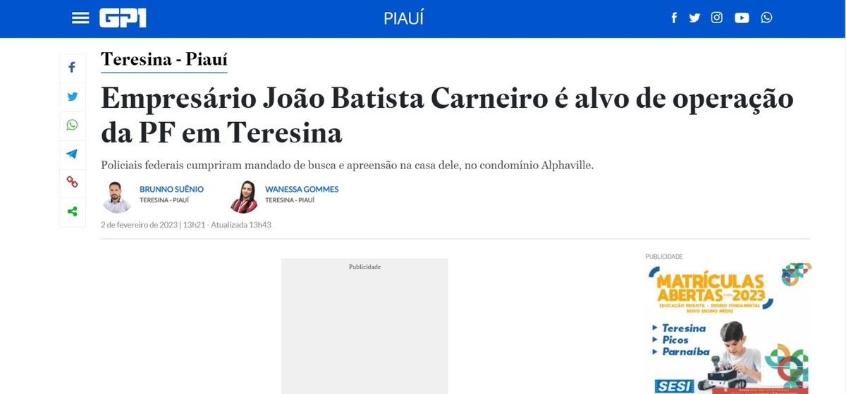 Publicação feita pelo portal GP1
