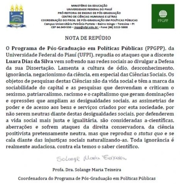 Nota do Programa de Pós Graduação da UFPI