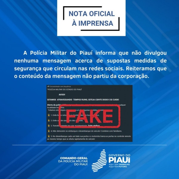 Polícia Militar nega autoria de mensagem sobre medidas de segurança