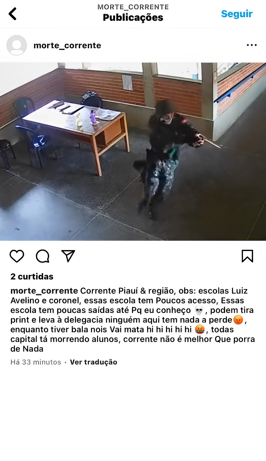 Print de ameaça postada em redes sociais contra escolas de Corrente