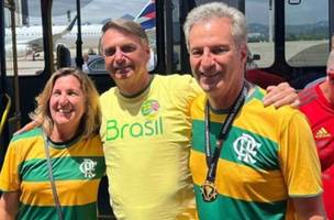 Ângela Machado, o ex-presidente Jair Bolsonaro e Landim, marido de Ângela e presidente do Flamengo (Foto: Reprodução)