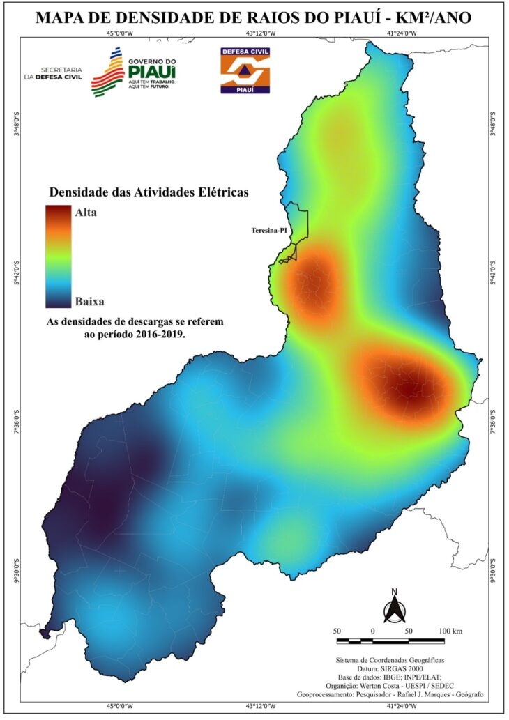 Áreas com maior ocorrência de descargas elétricas no Piauí