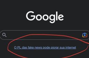 Imagem da página inicial do Google com link para artigo crítico à PL (Foto: Reprodução)