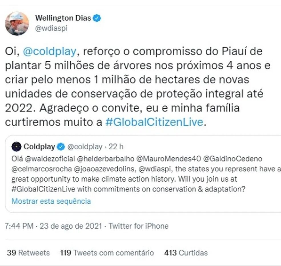 Em seu Twitter, o ex-governador mentiu até para o @coldplay
