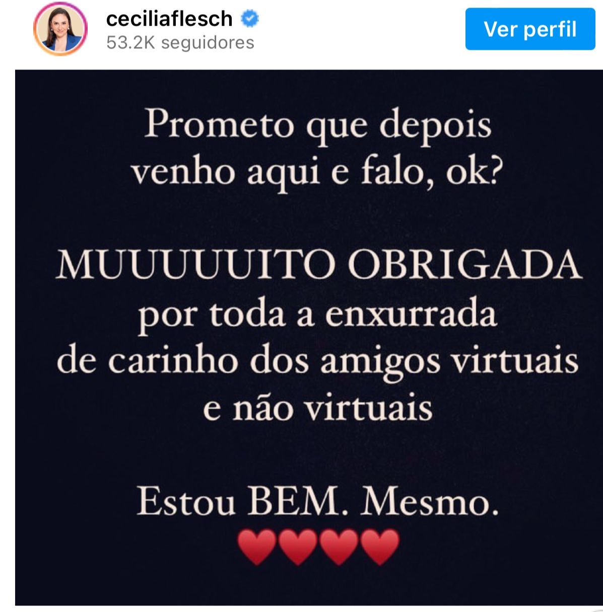 Publicação da jornalista em suas redes sociais