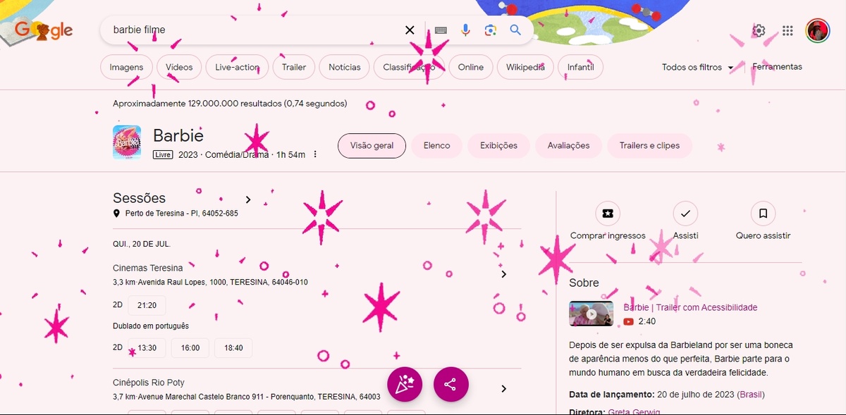 Ao pesquisar termos relacionados ao filme no Google, a tela fica rosa
