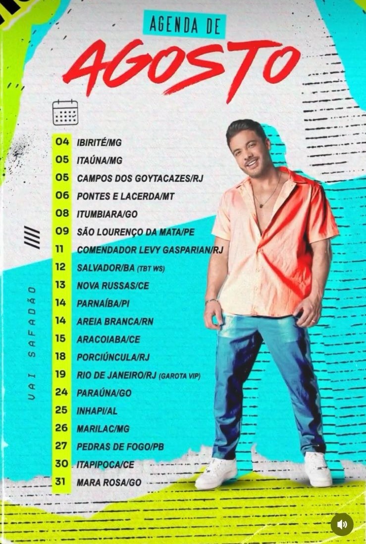 A extensa agenda de Safadão para agosto inclui o show em Parnaíba