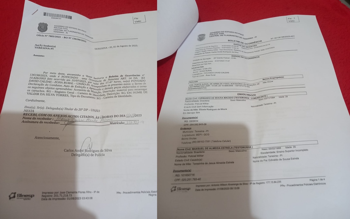 Boletim registrado sobre a apreensão das armas