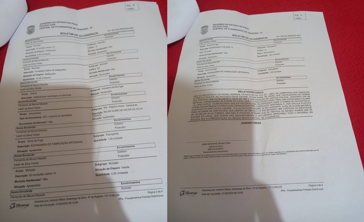 Boletim registrado sobre a apreensão das armas