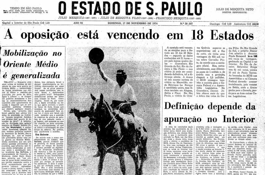 Capa do Estadão anunciando a derrota da ditadura em 1974: um pacote mudou a Constituição e pirou a representatividade dos Estados na Câmara dos Deputados