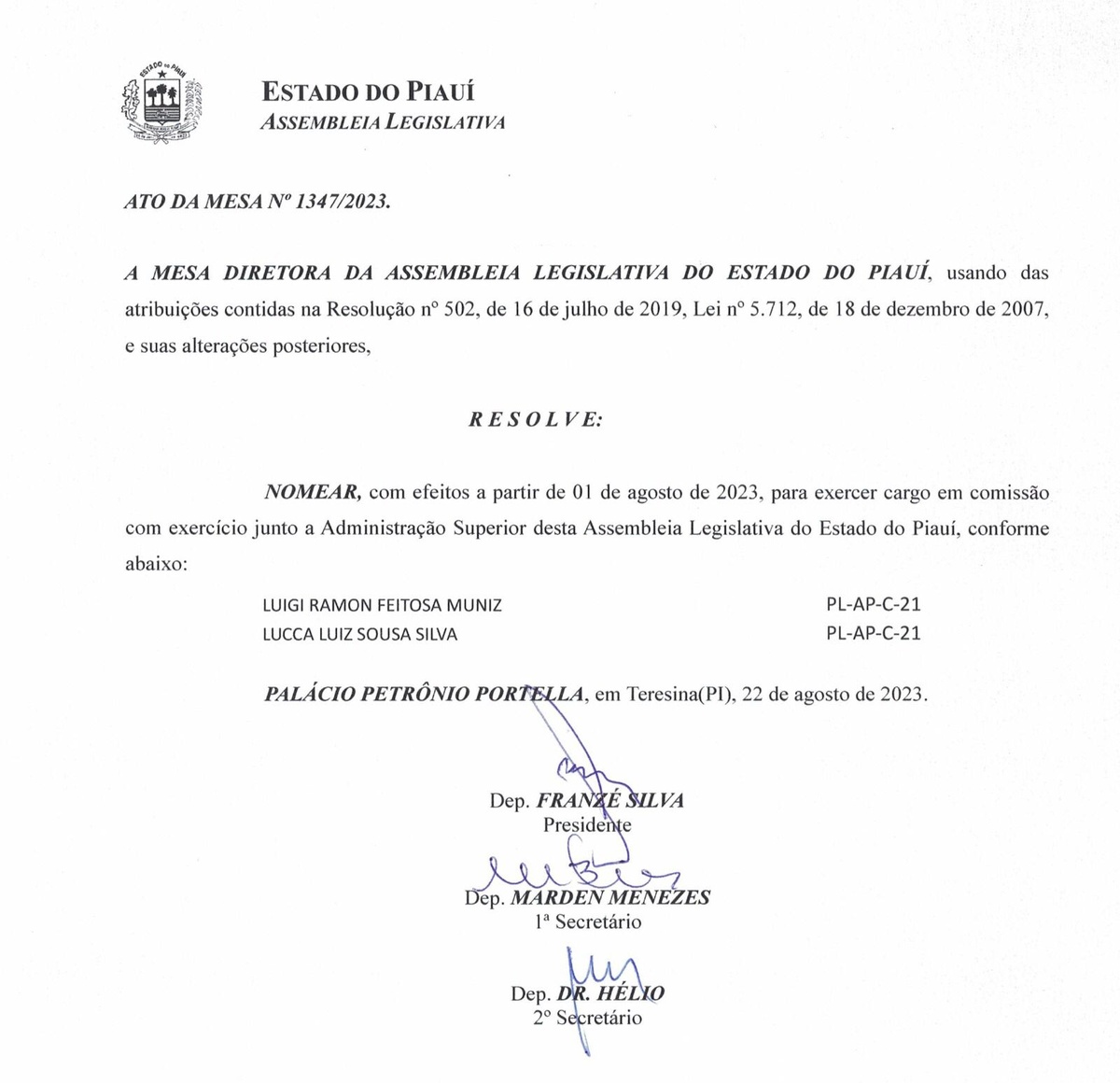 Decreto de nomeação de Luigi Ramon com a maior gratificação, mas…
