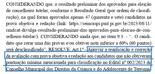 Determinação de reaplicação da prova para os reprovados