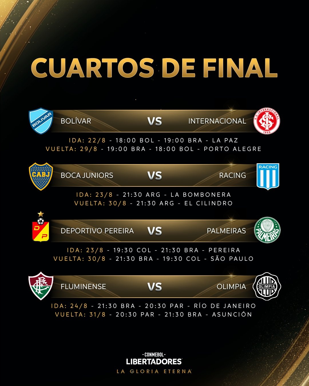 Datas e horários definidos para quartas de final da Copa Libertadores