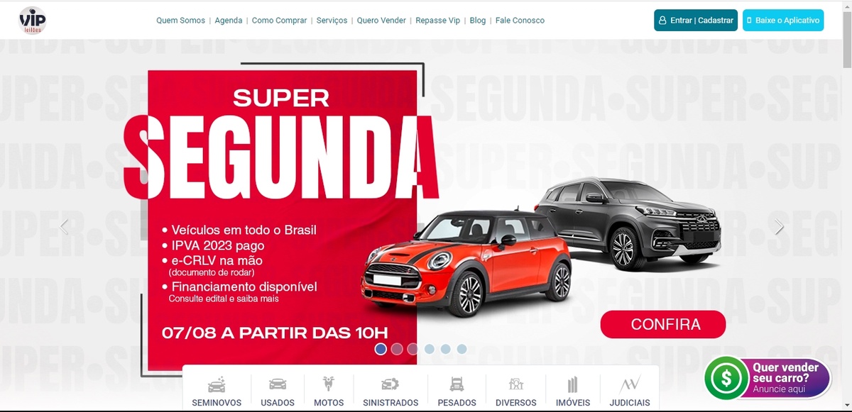 Página inicial do site oficial de leilões