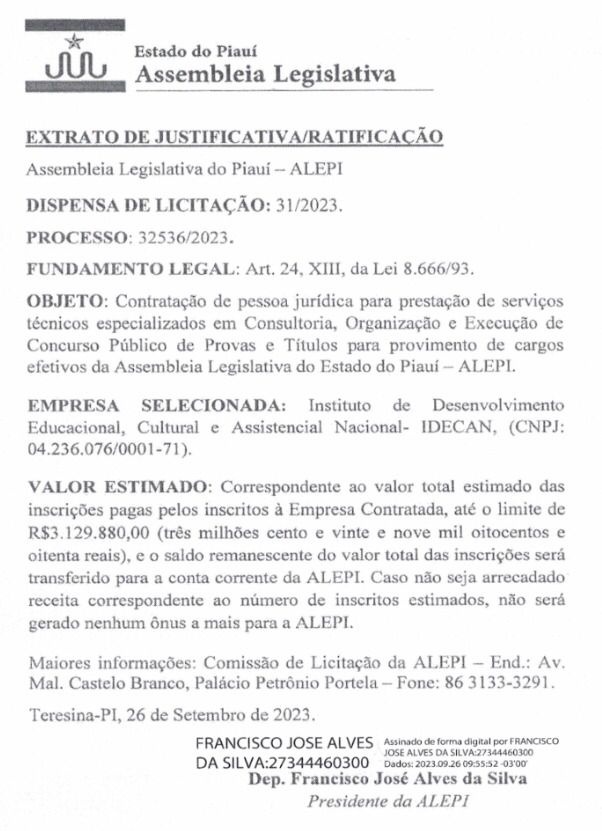 O extrato do contrato sem licitação com o Idecan para realizar concurso na Alepi