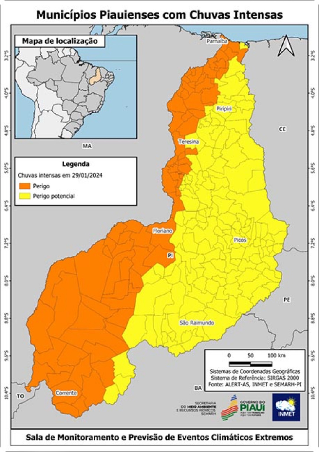 Cidades afetadas pelos alertas amarelo e laranja