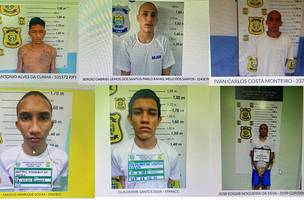 Guilherme Santos, Sergio Gabriel (ou Rafael), Ivan Carlos Costa; Embaixo: Luís Antônio Alves, Mateus Henrique Souza (recapturado), José Edgar Nogueira (Foto: Secretaria de Justiça do Piauí)