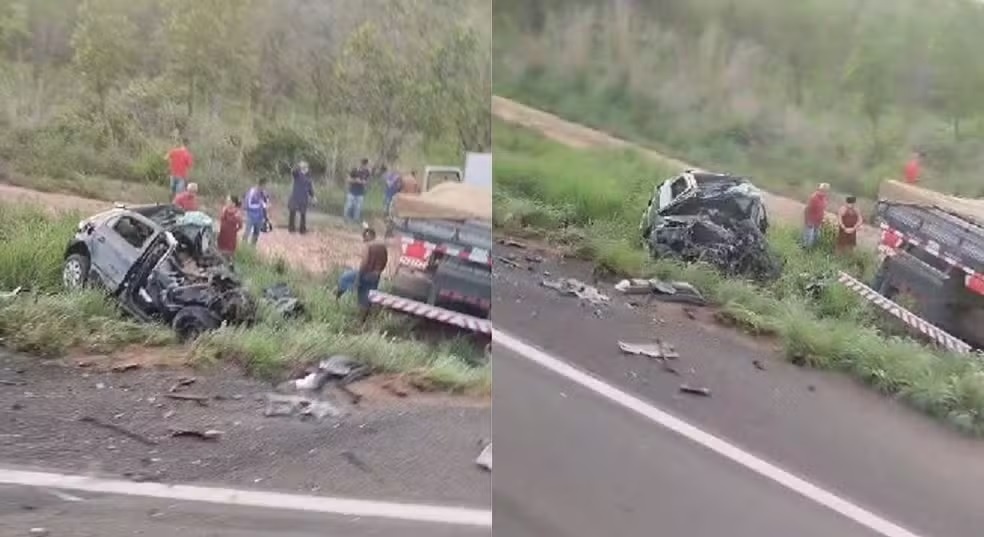 Motorista do carro ficou preso às ferragens do veículo, que ficou completamente destruído