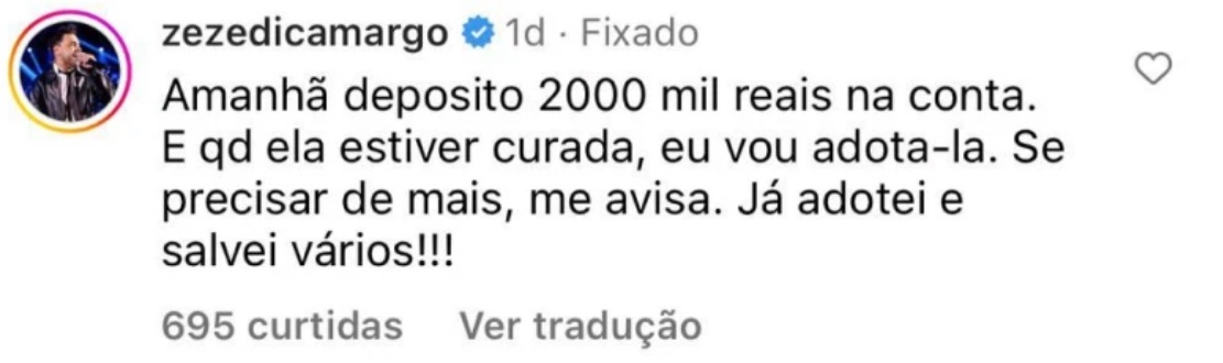 O cantor comentou na publicação em que o Lar do Nando divulgou a história de Pretinha