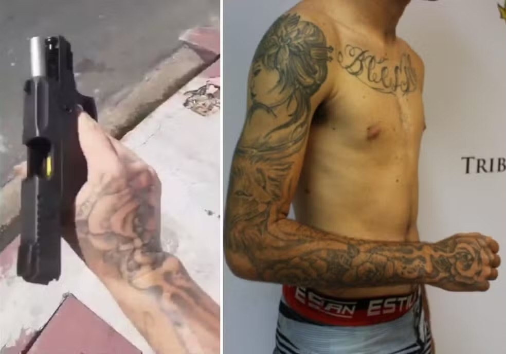 O vídeo do assassinato (à esquerda) mostra uma tatuagem na mão do criminoso, que ajudou a polícia a chegar ao suspeito (imagem a direita)