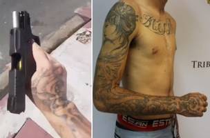 O vídeo do assassinato (à esquerda) mostra uma tatuagem na mão do criminoso, que ajudou a polícia a chegar ao suspeito (imagem a direita) (Foto: Reprodução/SSP-PI)