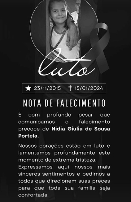 Prefeitura de Caraúbas do Piauí divulgou nota de pesar lamentando o falecimento de Nidia Giulia de Sousa Portela, de 8 anos