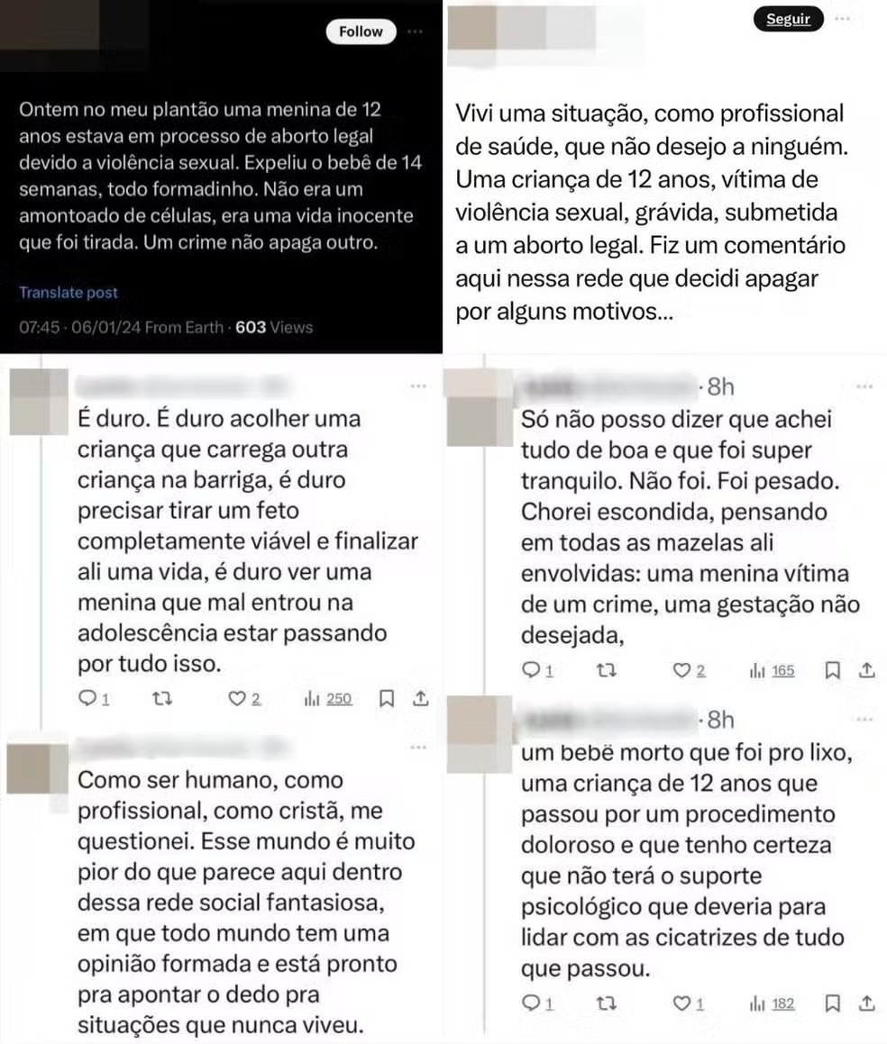 Publicações da médica sobre o processo de aborto legal realizado na menina vítima de estupro