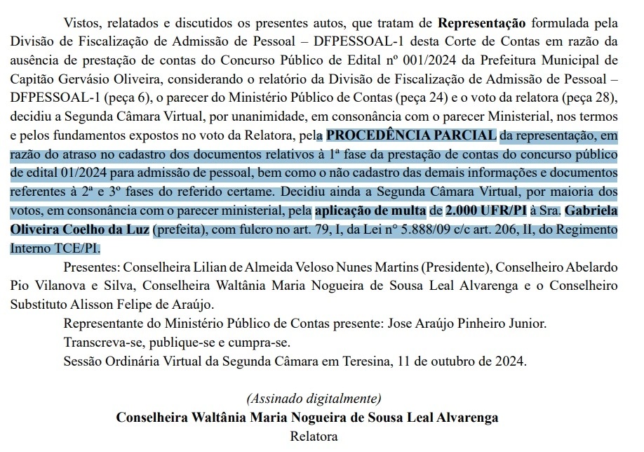 Decisão do TCE publicada no Diário Oficial.