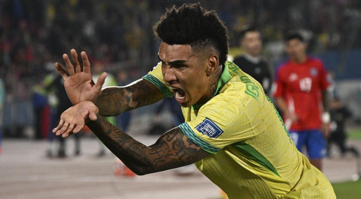 Igor Jesus comemora o gol que marcou em sua estreia pela Seleção Brasileira• Reprodução/X Conmebol