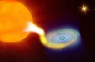 Ilustração mostra o buraco negro V404 Cygni se alimentando de uma estrela enquanto outra estrela mantém distância• Nasa (Foto: • Nasa)