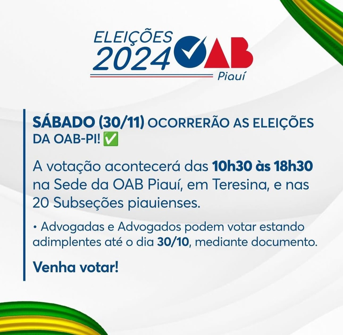 Eleições OAB escolhe nova gestão para o triênio 2025/2027 neste sábado (30)