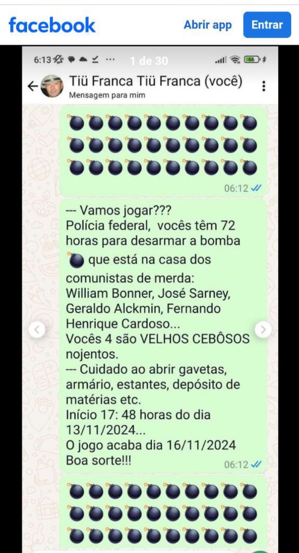 Francisco publicou em seu Facebook prints de uma conversa com ele próprio