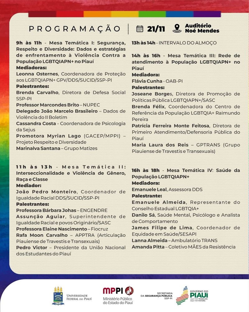 Programação do 1º Fórum de Monitoramento do Protocolo de Dados e Violência contra a população LGBTQIAPN+.