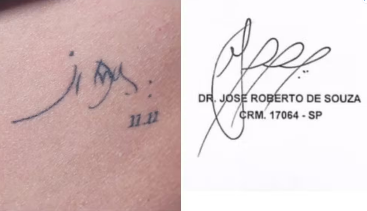 Tatuagem de Aline Garcia exibe a assinatura do falecido pai, José Roberto de Souza.
