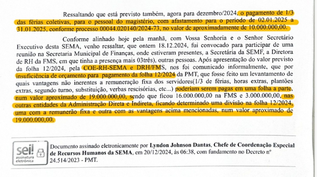 Documento fala de transferir pagamento para próxima gestão