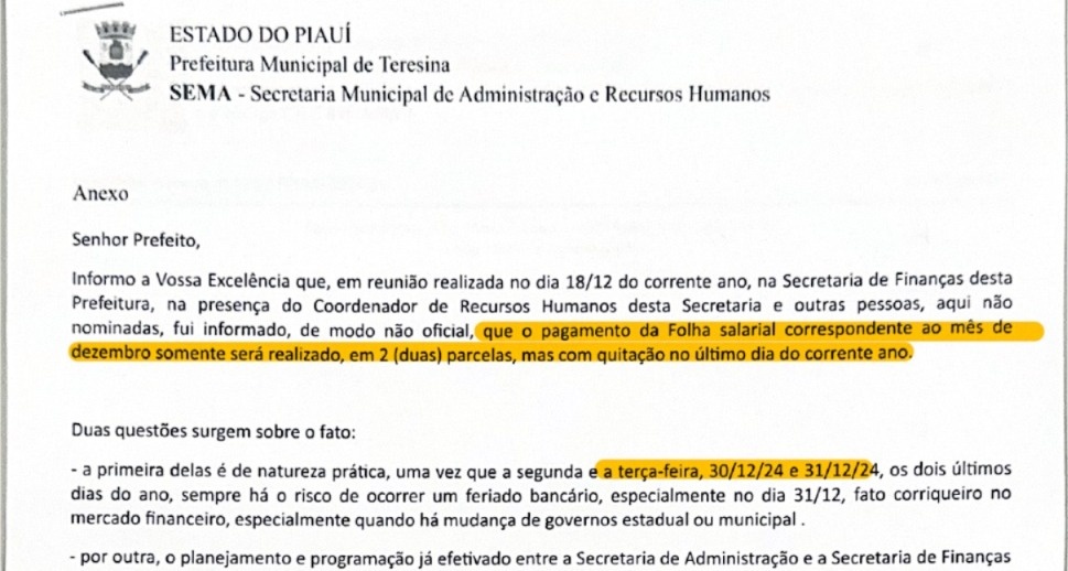 Documento fala sobre possibilidade de não pagar folha nos dias 30 e 31 de dezembro