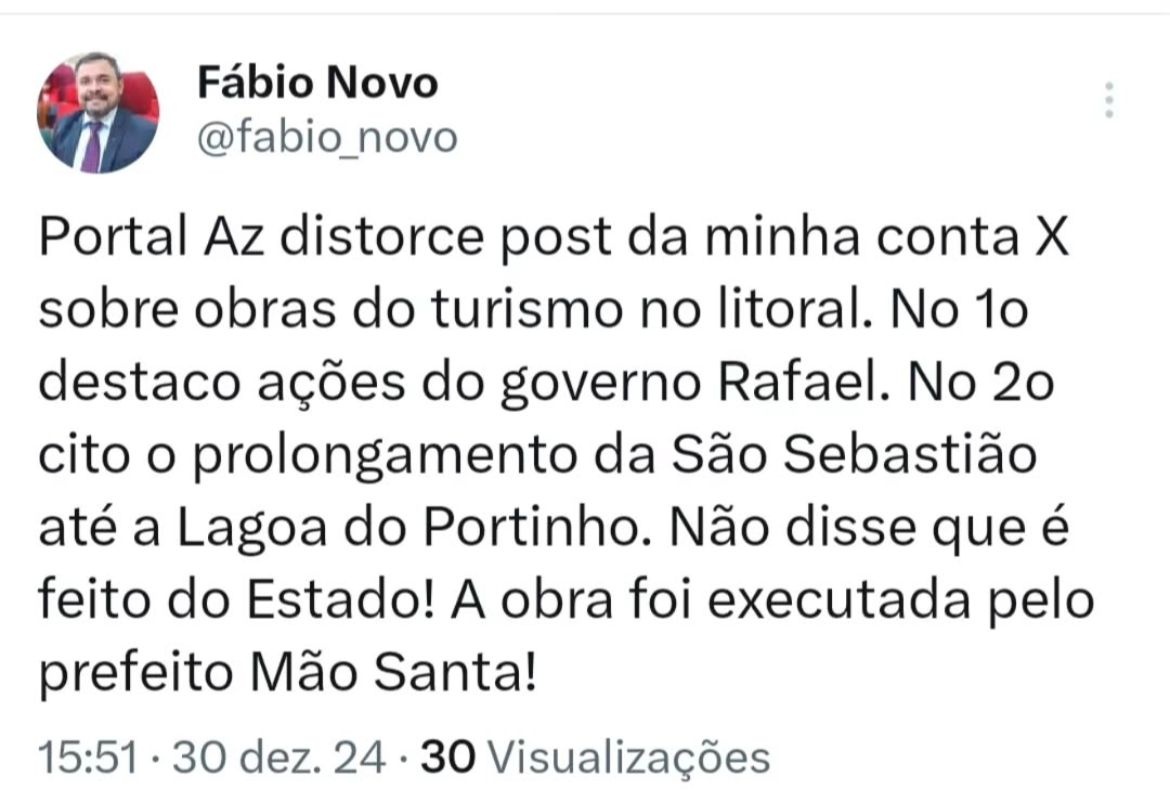 Post nas redes sociais do político
