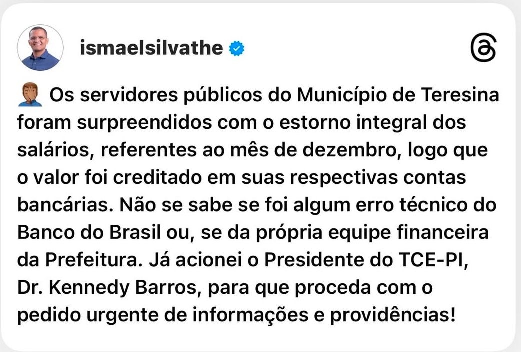 Vereador Ismael Silva se manifestou pelas redes sociais